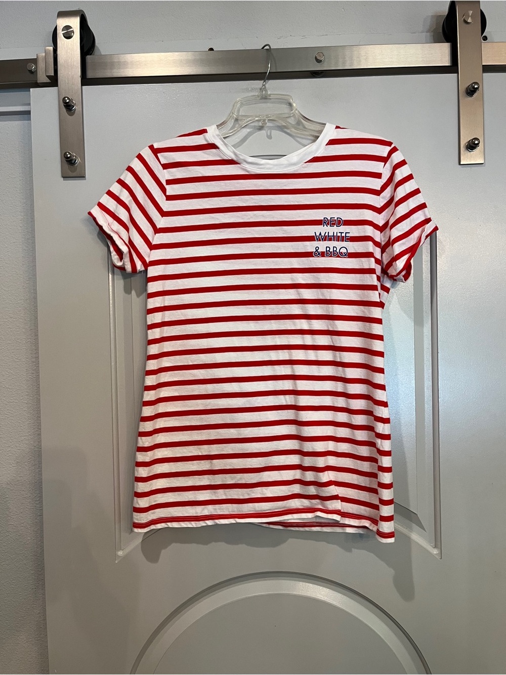 St. John's Bay Red & White & BBQ Striped Short-Sleeve Tee. GUC!